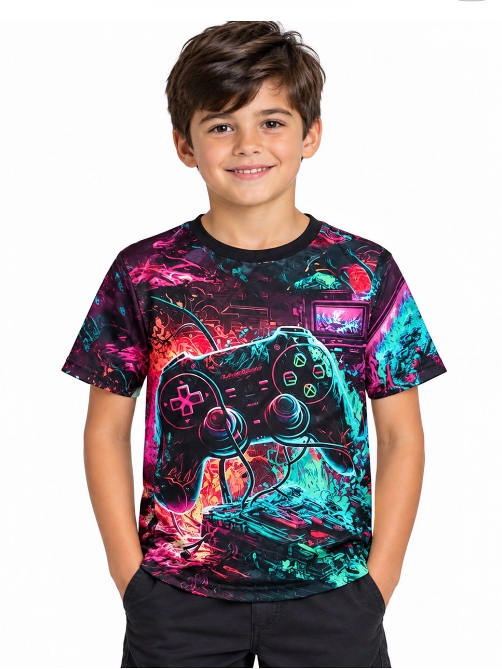 Boys Neon Gaming Controller Graphic Tee - Black Multi